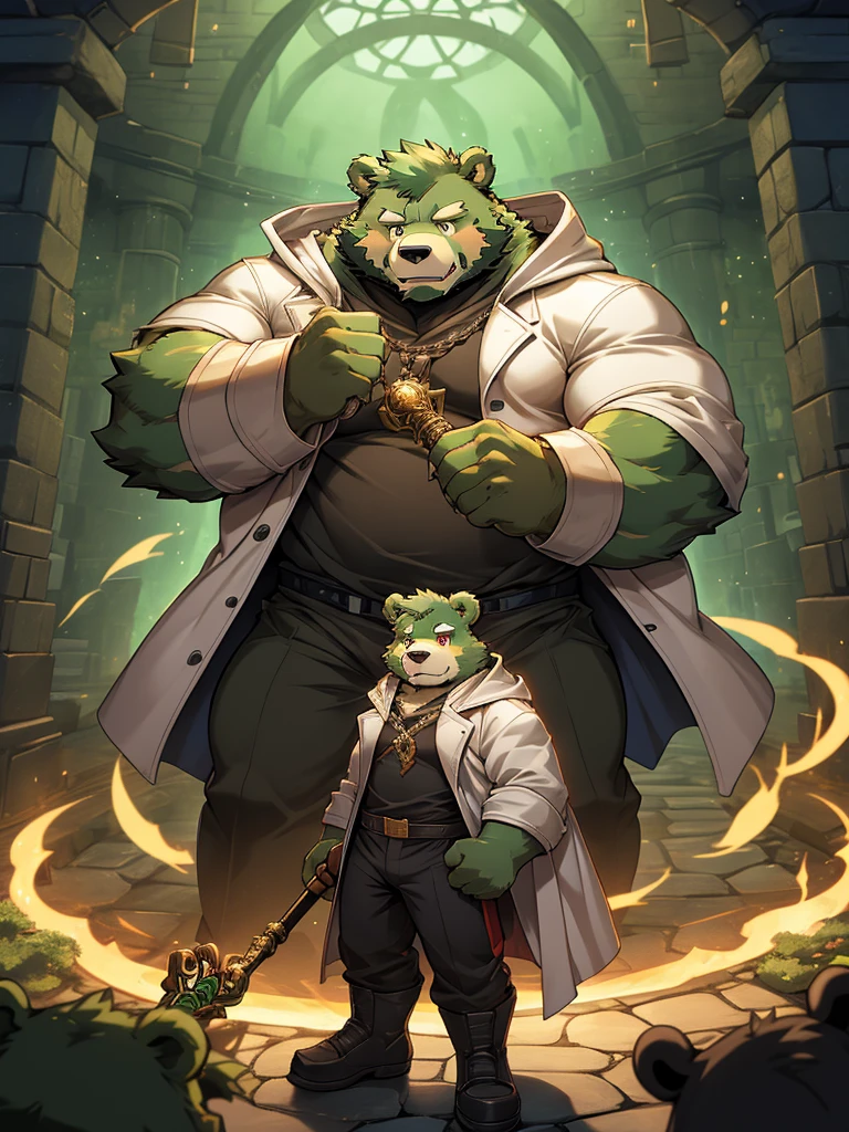 masterpiece, high quality, anime, detailed eyes, male jinpei, anthro, bear, Great physique, strong arms manly, Casual suit, (((green bear))), (((green fur))), green hair, beard, white eyebrows, bald, detailed red eyes, tall, Joyful, (black t-shirt inside), (((white unhooded trench coat ))), by zixiong, magic staff, dungeon, labyrinth,