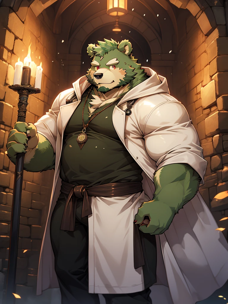 masterpiece, high quality, anime, detailed eyes, male jinpei, anthro, bear, Great physique, strong arms manly, Casual suit, (((green bear))), (((green fur))), green hair, beard, white eyebrows, bald, detailed red eyes, tall, Joyful, (black t-shirt inside), (((white unhooded trench coat ))), by zixiong, magic staff, dungeon, labyrinth,