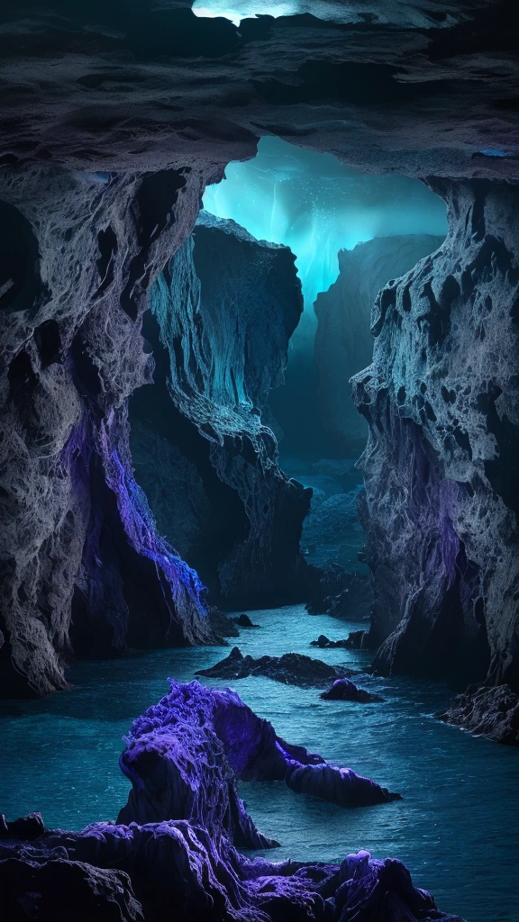 ((a deep sea world where light cannot reach)), dark blue and purple colors dominate, with bioluminescent deep-sea creatures scattered throughout, massive rock formations and eerie swaying seaweed, cliffs at the edges of the frame, (best quality,4k,8k,highres,masterpiece:1.2),ultra-detailed,(realistic,photorealistic,photo-realistic:1.37),extremely detailed deep sea landscape, dark blue and purple color tones, bioluminescent deep sea creatures, towering rock formations, swaying kelp and seaweed, dramatic cliff edges, cinematic lighting, realistic ocean textures