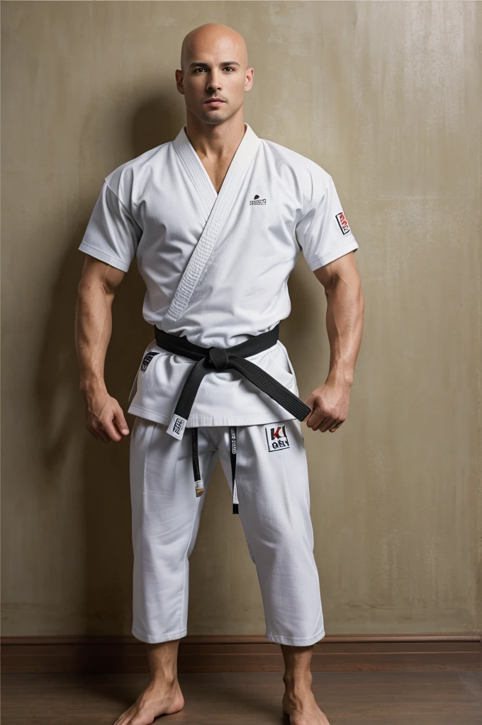 ((8k ((best quality)), ((masterpiece)), (very detailed), real face bald short male muscular male full body wear karate suit stand by wall