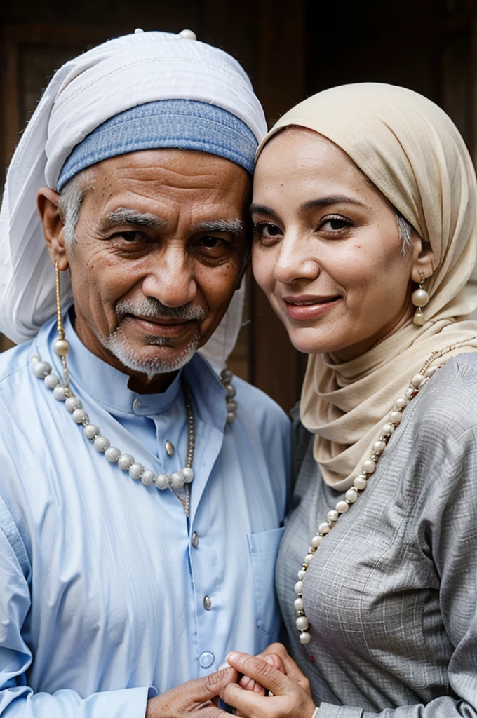 Muslim old couple both white skin. The man taller than the woman. both happy. The man holds a Muslim prayer bead in his hand