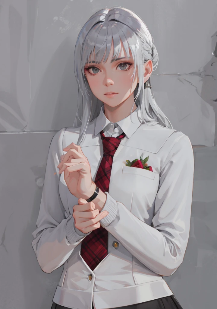Masterpiece, Best quality, High quality, High Definition, High quality texture, High quality shadows, High detail texture, Realistic, Level Light, Side lighting, lens flare, Ray Tracing, Sharp focus,Silver hair,leader,Domineering,despise,Black Eyes,Black pupil