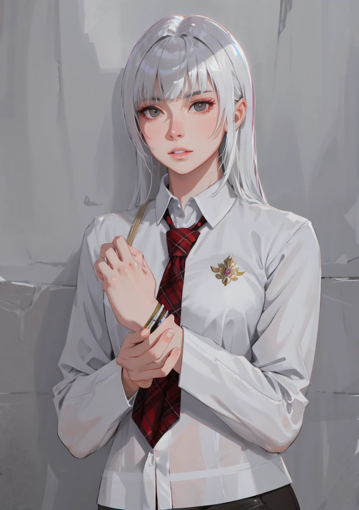 Masterpiece, Best quality, High quality, High Definition, High quality texture, High quality shadows, High detail texture, Realistic, Level Light, Side lighting, lens flare, Ray Tracing, Sharp focus,Silver hair,leader,Domineering,despise,Black Eyes,Black pupil