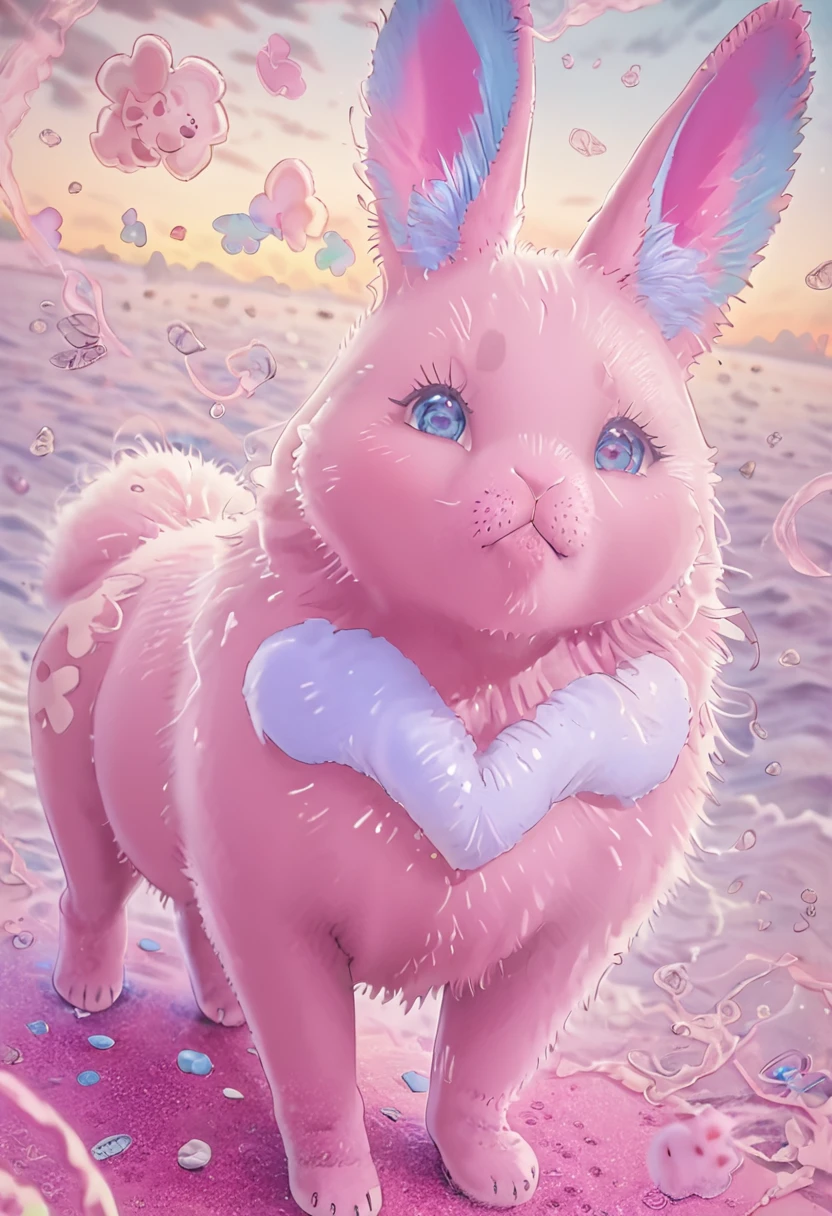 a cute pink rabbit, detailed blue in ears, intricate fur details, soft pastel colors, whimsical expression, playful pose, high quality, 8k, detailed fur, detailed ears, realistic, photorealistic, detailed eyes, detailed nose, detailed mouth, sharp focus, vivid colors, masterpiece, cute, adorable, fluffy, studio lighting
