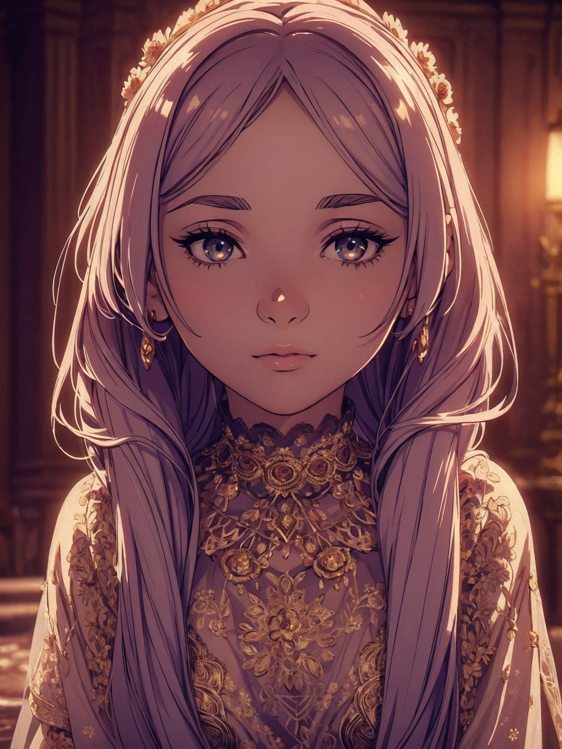 beautiful woman, 1girl, detailed face, beautiful eyes, beautiful lips, long eyelashes, delicate features, serene expression, elegant posture, detailed skin, flowing hair, ornate jewelry, intricate lace dress, floral background, warm lighting, soft color palette, cinematic composition, photorealistic, 8k, highly detailed, masterpiece