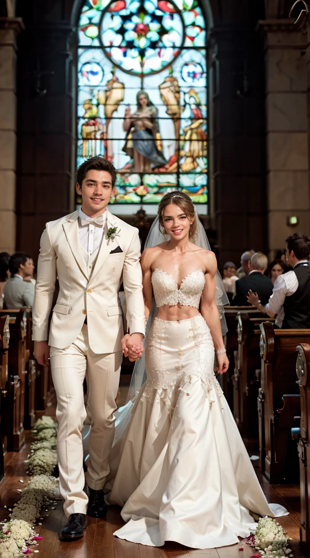 (Muscular:1.5), one male, one female, bokeh , (two piece wedding dress), fully body view, split dress, abs, church, pews, detailed eyes, (athletic body:1.0), (muscular body:1.4), (looking at viewer) (Bulky:1.1), (smiling:1.4), dark studio, rim lighting, two tone lighting, dimly lit, low key (DETAILED SKIN), (groom), (skinny groom), walking down the aisle, (holding hands)