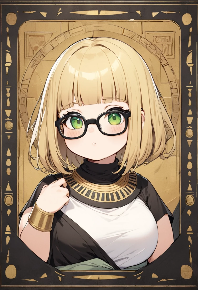 chubby girl, blonde, green eyes, medium length hair, открытый лоб, без чёлки, Egypt black square frame glasses, ancient Egypt, clothes of ancient Egypt