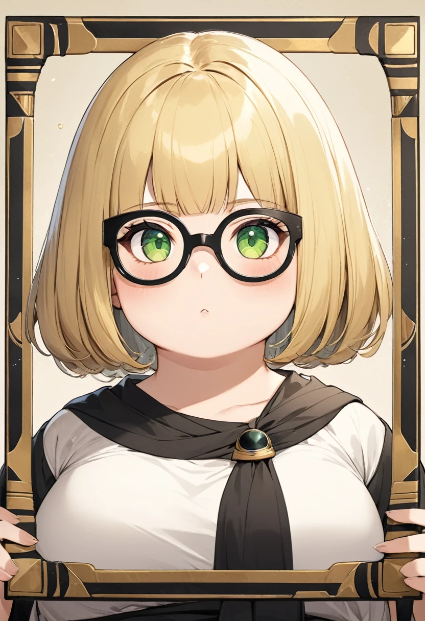 chubby girl, blonde, green eyes, medium length hair, открытый лоб, без чёлки, Egypt black square frame glasses, ancient Egypt, clothes of ancient Egypt 
