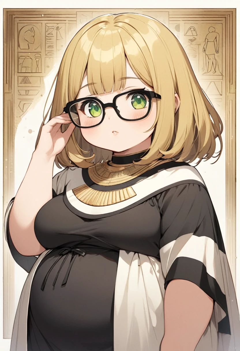 chubby girl, blonde, green eyes, medium length hair, открытый лоб, без чёлки, Egypt black square frame glasses, ancient Egypt, clothes of ancient Egypt 