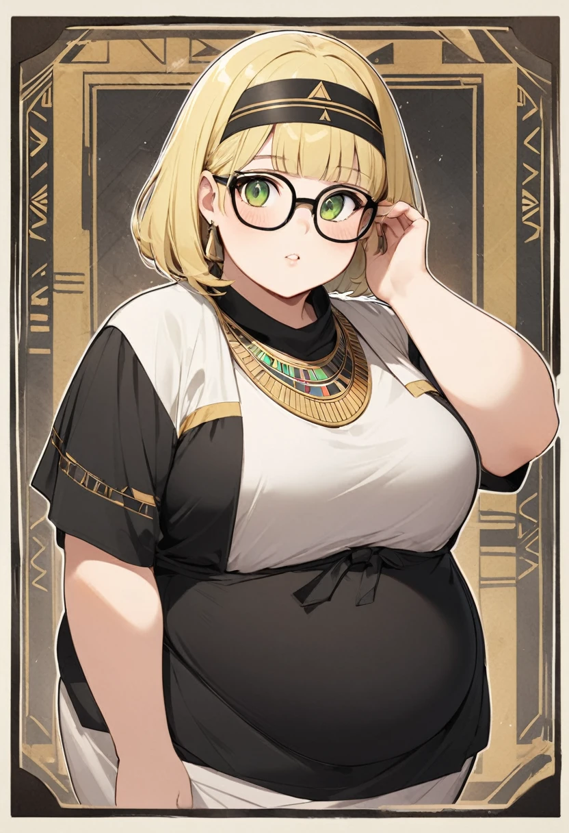 chubby girl, blonde, green eyes, medium length hair, открытый лоб, без чёлки, Egypt black square frame glasses, ancient Egypt, clothes of ancient Egypt