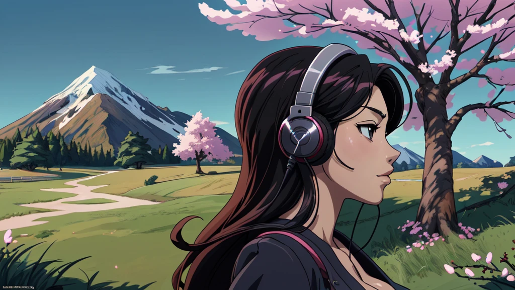 Anime girl with headphones, in the train!, a cherry tree in the background sam yang, 1girl, black hair, breasts, closed mouth, day, grass, headphones, lips, long hair, mountain, outdoors, profile, shadow, small breasts, solo, tree , ((masterpiece)) anime background art, amazing wallpaper, background art, hd wallpaper, relaxing concept art, beautiful wallpaper, high quality desktop wallpaper, background artwork, pc wallpaper, anime background, wallpaper hd, 8K image quality, Masterpiece