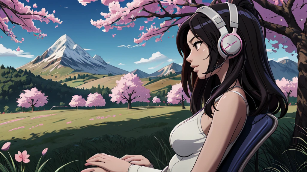 Anime girl with headphones, in the train!, a cherry tree in the background sam yang, 1girl, black hair, breasts, closed mouth, day, grass, headphones, lips, long hair, mountain, outdoors, profile, shadow, small breasts, solo, tree , ((masterpiece)) anime background art, amazing wallpaper, background art, hd wallpaper, relaxing concept art, beautiful wallpaper, high quality desktop wallpaper, background artwork, pc wallpaper, anime background, wallpaper hd, 8K image quality, Masterpiece