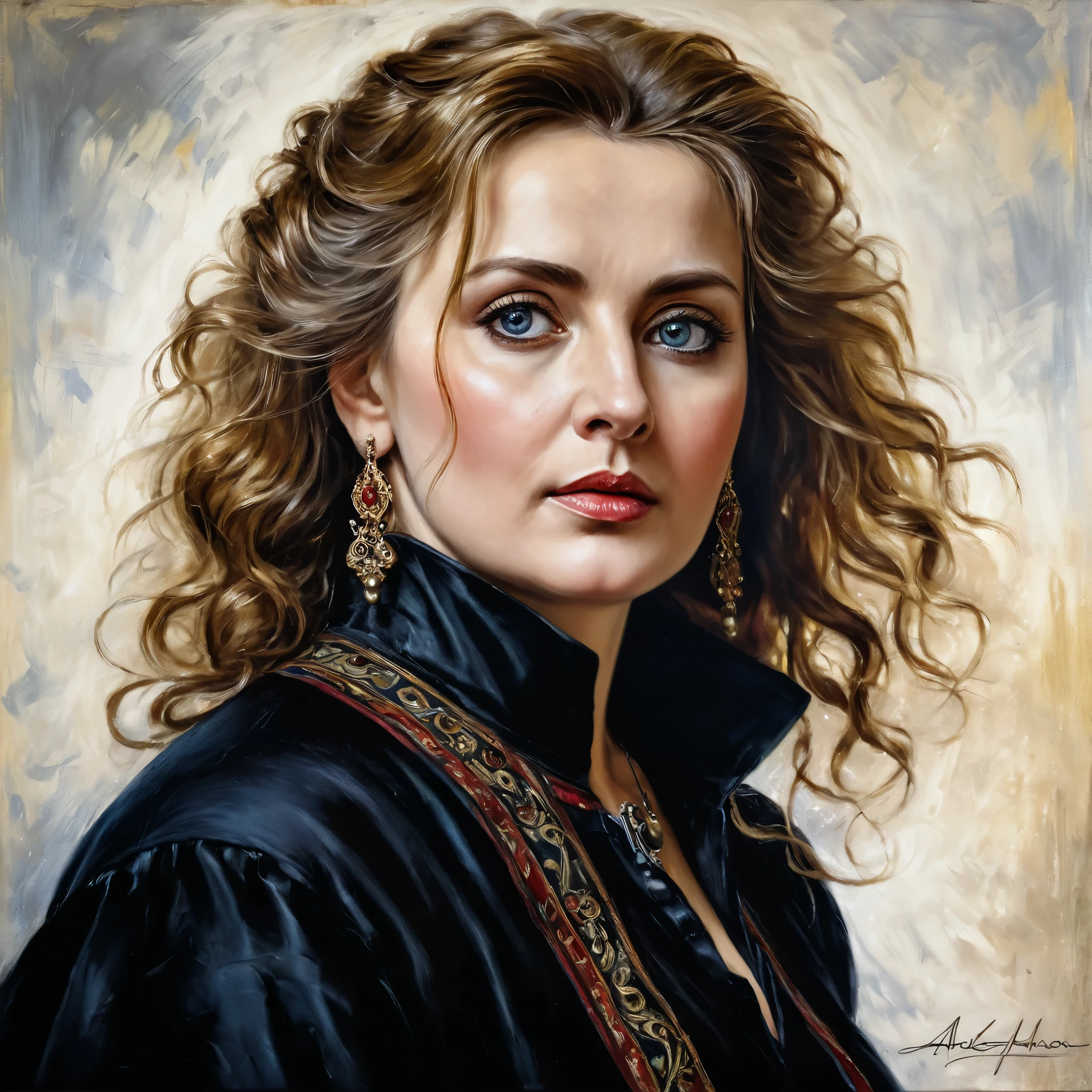 portrait, extremely gorgeous, 45 years old Woman, middle ages, thick figure, classicism, andrey atroshenko style, painting, pierced eyes, beautifully styled hair, traditional media, realistic, figurative, fine art, oil on canvas, HDR, 8K, original character, high resolution, vivid colours, high detail, focus on the face, beautiful eyes