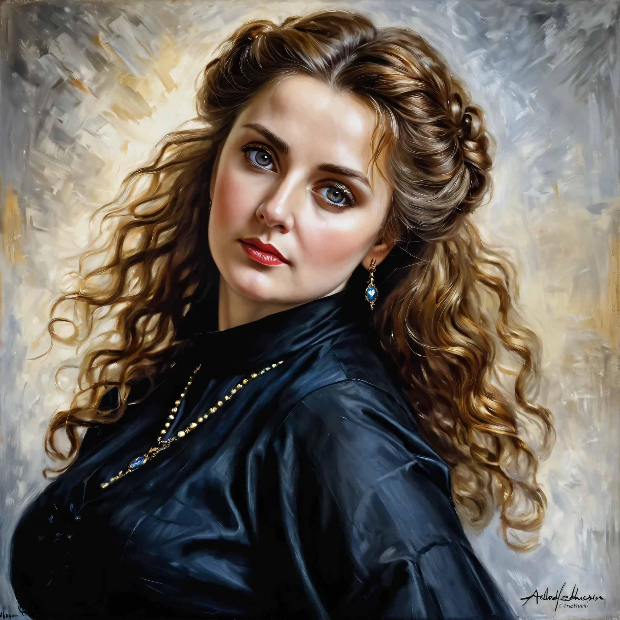 portrait, extremely gorgeous, 45 years old Woman, middle ages, thick figure, classicism, andrey atroshenko style, painting, pierced eyes, beautifully styled hair, traditional media, realistic, figurative, fine art, oil on canvas, HDR, 8K, original character, high resolution, vivid colours, high detail, focus on the face, beautiful eyes