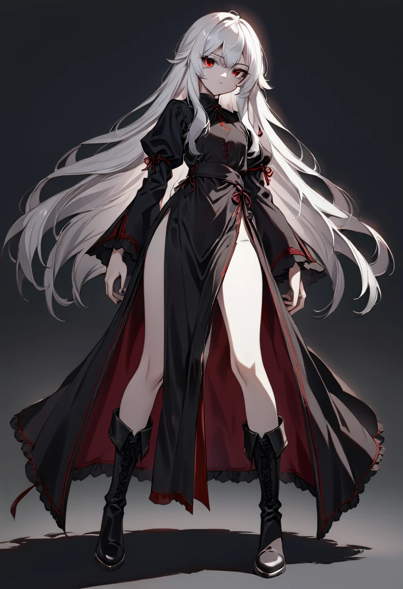 Girl, 20 years old, with long white hair down to below her waist, a serious yet tender expression, and red eyes. Her hair features black streaks. She wears antique-style clothing, a long black dress with a slit on the legs, and high black boots that almost reach her knees. Her power and background are related to shadows and darkness. dark escense, figth stance