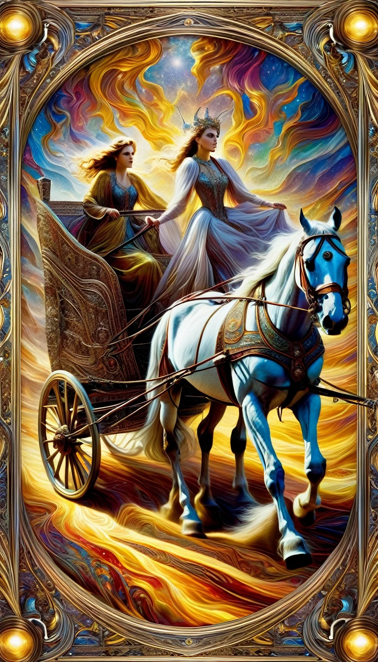 a woman in a chariot pulled by two horses, intricate tarot card frame, detailed oil painting, vivid colors, masterpiece, photorealistic, 8k, extremely detailed, highly detailed, digital art, fantasy art, surreal, dramatic lighting, chiaroscuro, cinematic