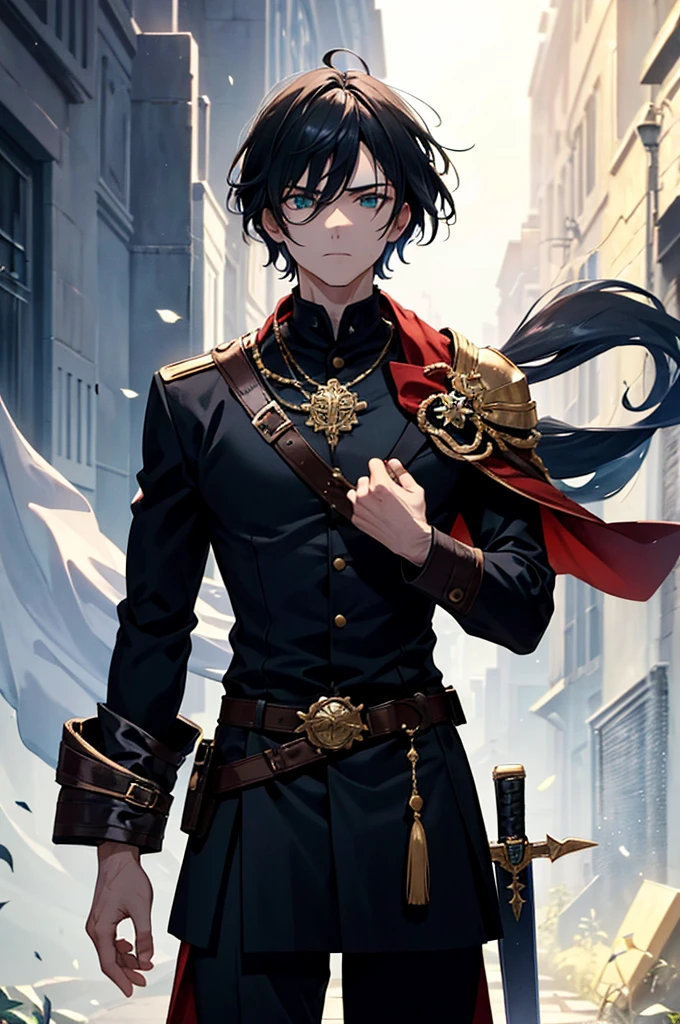 Face**: His face is marked by angular and defined features. He has high cheekbones and a slightly square chin. His deep green eyes convey both an unwavering determination and a certain wisdom acquired over the years. His gaze is piercing but not threatening.
3. **Hair**: Her hair is dark brown, cut short enough not to generalize during battles but long enough to be tied back if necessary. A few graying locks at the temples testify to his many years of experience.
4. **Skin**: Kaelen's skin is slightly tanned from hours spent training outdoors. It is dotted with subtle scars, signs of past battles, but none of them are too dramatic or intrusive.
5. **Clothes**: He wears a practical but noble man's major's outfit
6. **Sword**: Kaelen's sword is simple but elegant, without extravagant ornaments. The pommel is polished wood, with a simple iron guard. The blade is well maintained and perfectly balanced, reflecting the meticulous attention he pays to his equipment. It is not too long, allowing quick and precise movements.
7. **Accessories**: Kaelen wears a leather belt with a few pockets for essential items like a whetstone, hunting knife, and medicinal herbs. He also has a discreet medallion around his neck, a symbol of his membership in an ancient order of warriors, but he rarely shows it.
8. **Attitude and posture**: Kaelen always stands straight, with a confident gait but without arrogance. His movements are fluid and economical, a testament to his training and experience.
Together, these elements compose an appearance that combines functionality and authenticity, reflecting a main character grounded in the reality of their world and its challenges, while being instantly recognizable by name and presence.
