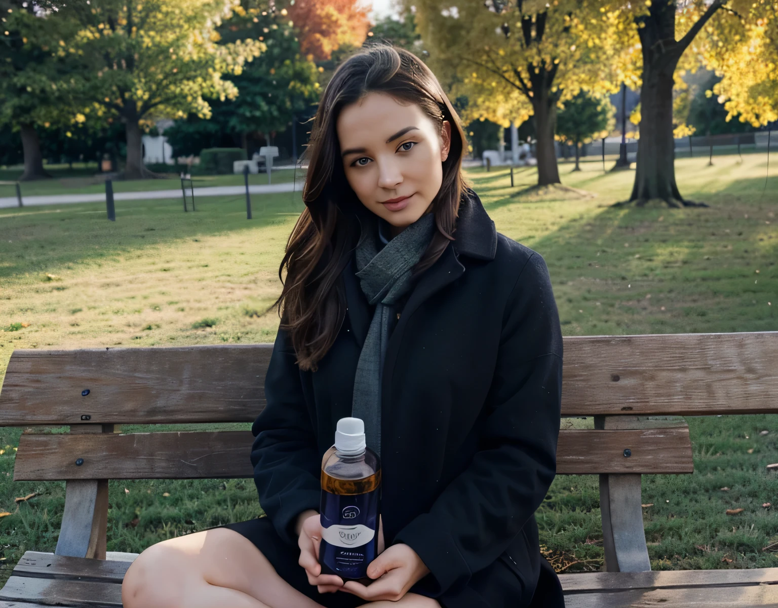 arafed woman sitting on the park in winter with three bottles of essential oils, product photo, essence, eterea, verbena, beatiful, manual, pphoto real, photo product, victoria siemer, product - view, official product image, esthetic, product image, product, frontal, detailed product image, eternals, productphoto, beautifull