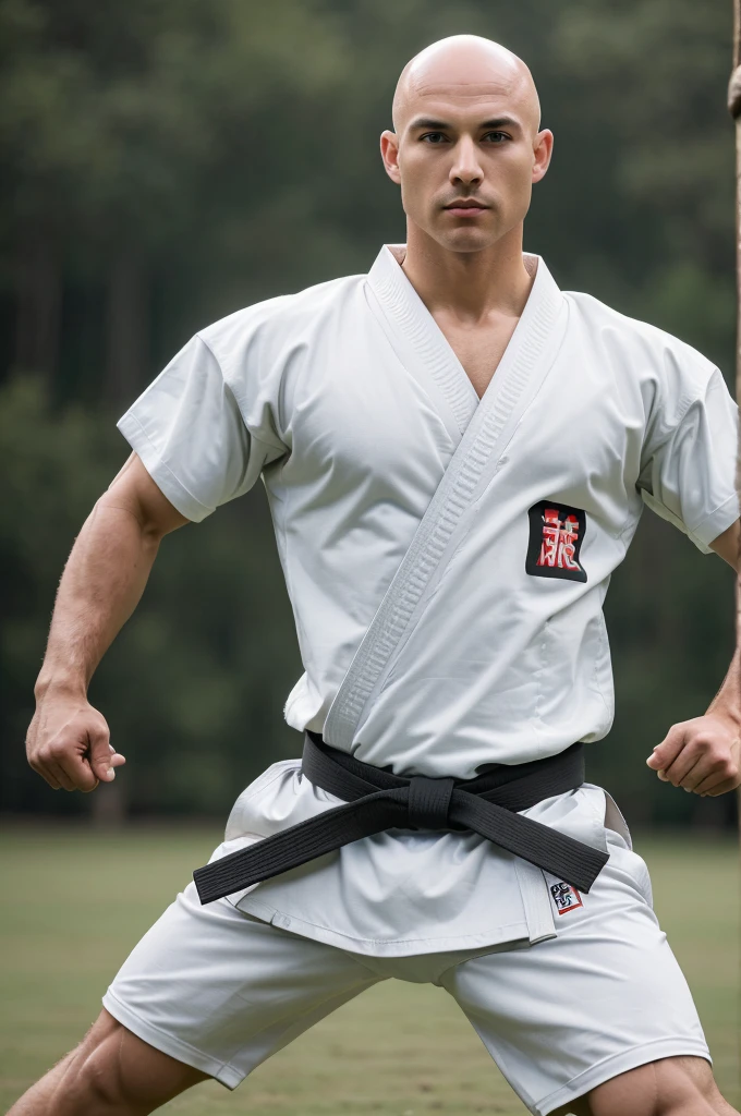 ((8k ((best quality)), ((masterpiece)), (very detailed), real face bald short male muscular male full body wear karate suit doing split