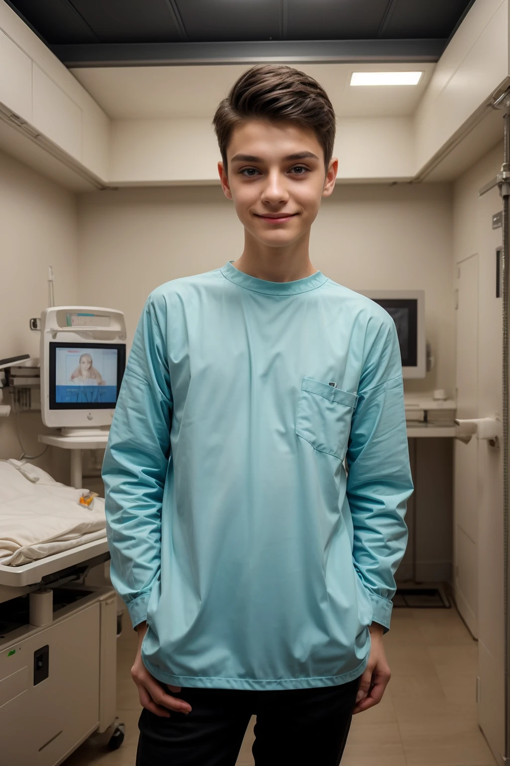 A beautiful young twink, cute male, with a face with make-up on. He is wearing a long-sleeved aquamarine shirt and black jeans. He is in the surgical theater, and behind him is a medical monitor and medical devices for the brain. He looks proudly, and he has black hair.