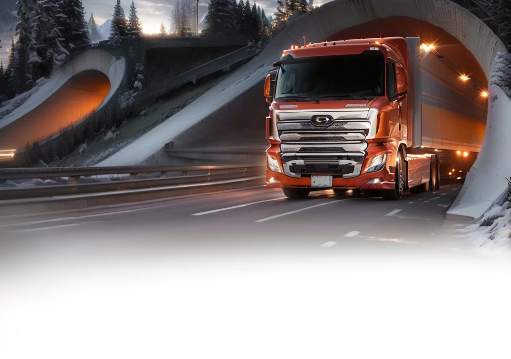 a semi truck driving through a long tunnel on a modern highway, advertisement photo, new design, semi truck, advertising photo, advanced high-speed highway, clean flowing lines, smooth design, trending photo, high resolution, ultra, thumbnail, (best quality,4k,8k,highres,masterpiece:1.2),ultra-detailed,(realistic,photorealistic,photo-realistic:1.37), rectangle, new car, background, portrait, versatile, automobile, exquisite design, semi-transparent