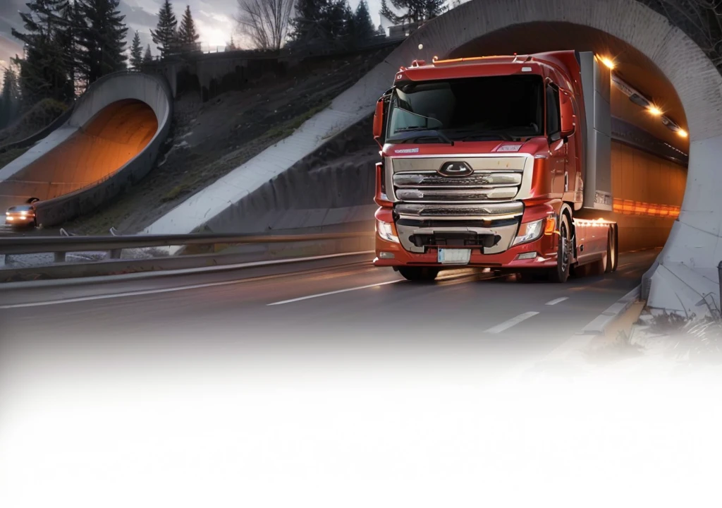 a semi truck driving through a long tunnel on a modern highway, advertisement photo, new design, semi truck, advertising photo, advanced high-speed highway, clean flowing lines, smooth design, trending photo, high resolution, ultra, thumbnail, (best quality,4k,8k,highres,masterpiece:1.2),ultra-detailed,(realistic,photorealistic,photo-realistic:1.37), rectangle, new car, background, portrait, versatile, automobile, exquisite design, semi-transparent