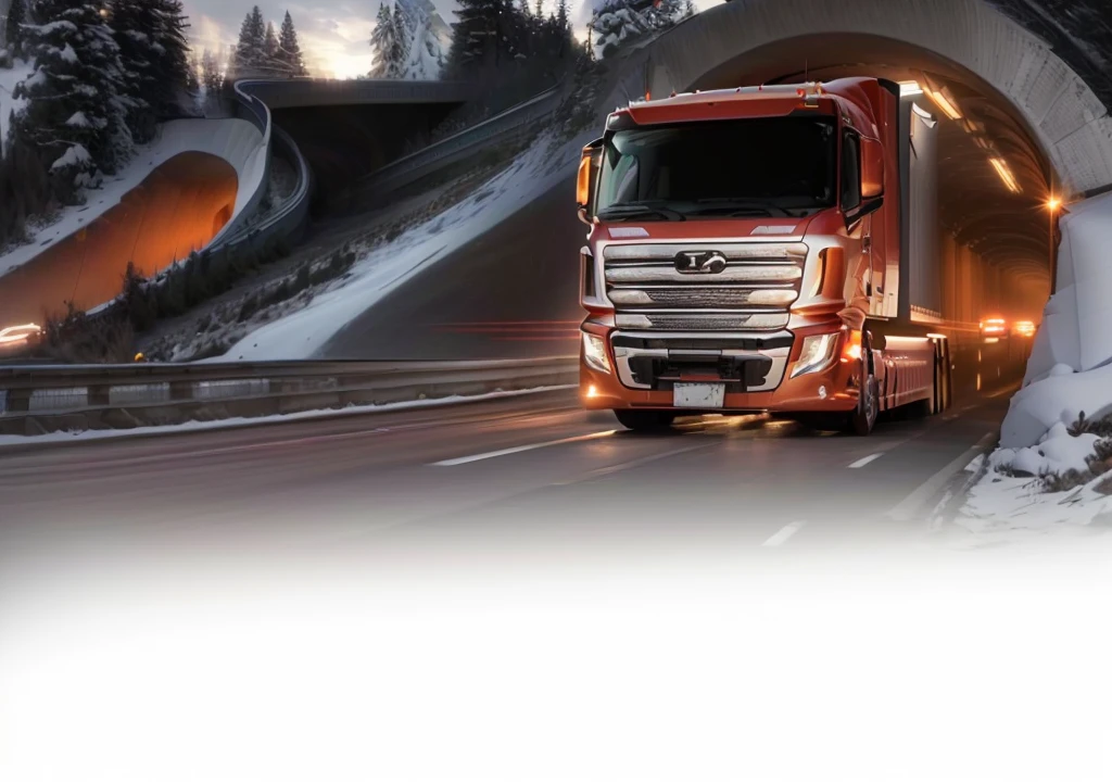 a semi truck driving through a long tunnel on a modern highway, advertisement photo, new design, semi truck, advertising photo, advanced high-speed highway, clean flowing lines, smooth design, trending photo, high resolution, ultra, thumbnail, (best quality,4k,8k,highres,masterpiece:1.2),ultra-detailed,(realistic,photorealistic,photo-realistic:1.37), rectangle, new car, background, portrait, versatile, automobile, exquisite design, semi-transparent