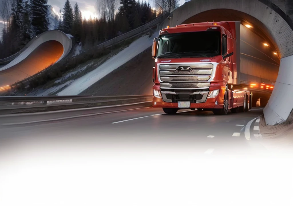 a semi truck driving through a long tunnel on a modern highway, advertisement photo, new design, semi truck, advertising photo, advanced high-speed highway, clean flowing lines, smooth design, trending photo, high resolution, ultra, thumbnail, (best quality,4k,8k,highres,masterpiece:1.2),ultra-detailed,(realistic,photorealistic,photo-realistic:1.37), rectangle, new car, background, portrait, versatile, automobile, exquisite design, semi-transparent