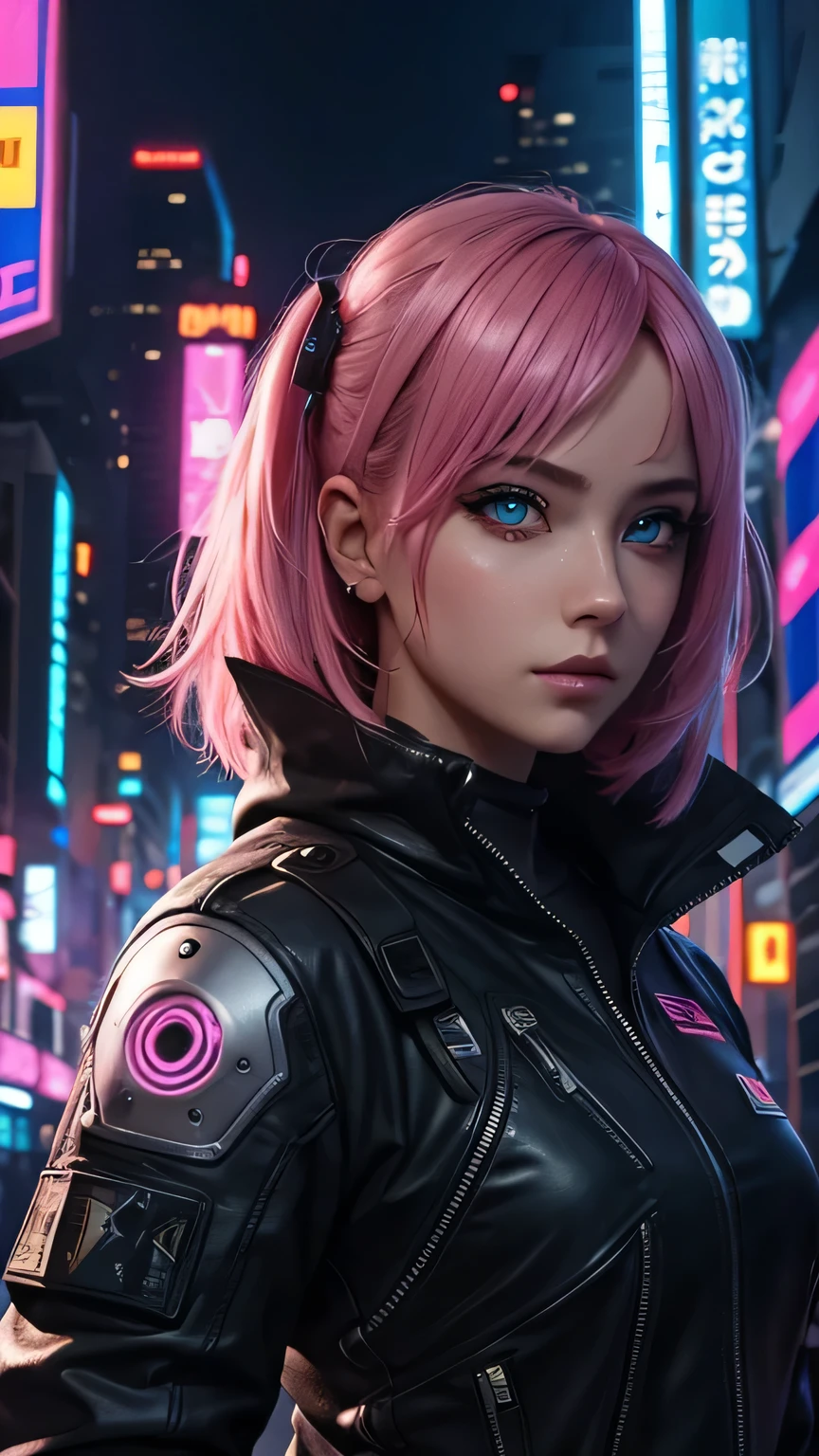 cyborg girl, robot hand, beautiful eyes, cyberpunk city background, neon light, pink hair, masterpiece, ultra high details