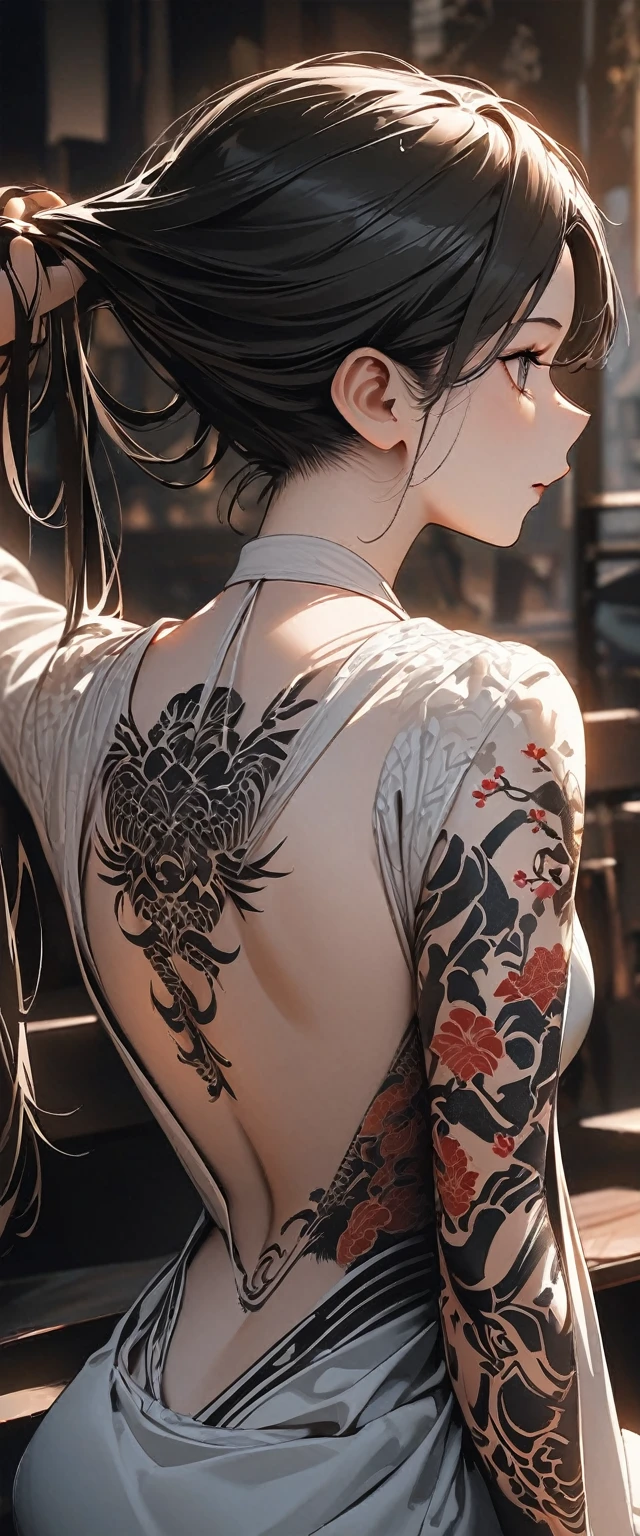 (best quality:1.2, Very detailed, up-to-date, energetic, Ultra-high resolution, High contrast, masterpiece:1.2, best quality, Best aesthetics), (((1 girl))), From the back, Back dragon tattoo, back tattoo, Beautiful nudity, beautiful back view, pull up your hair, nape, Detailed tattoo performance, Colored dragon tattoo, Fine images, Slim woman, Kimono fluttering, Beautiful skin, (Delicate eye expression:1.2), Beautiful woman looking back, sit, Cowboy shooting, Black Hair, long hair, Hook of Holland,