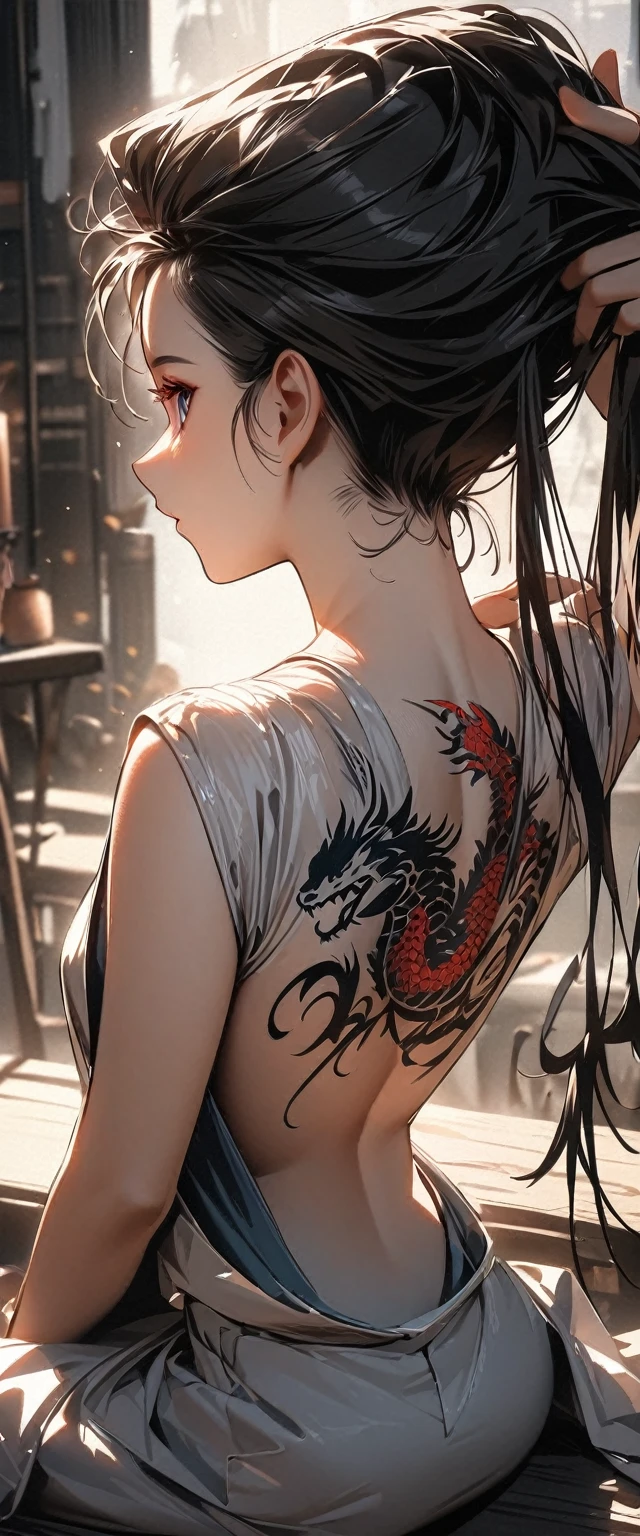 (best quality:1.2, Very detailed, up-to-date, energetic, Ultra-high resolution, High contrast, masterpiece:1.2, best quality, Best aesthetics), (((1 girl))), From the back, Back dragon tattoo, back tattoo, Beautiful nudity, beautiful back view, pull up your hair, nape, Detailed tattoo performance, Colored dragon tattoo, Fine images, Slim woman, Kimono fluttering, Beautiful skin, (Delicate eye expression:1.2), Beautiful woman looking back, sit, Cowboy shooting, Black Hair, long hair, Hook of Holland,