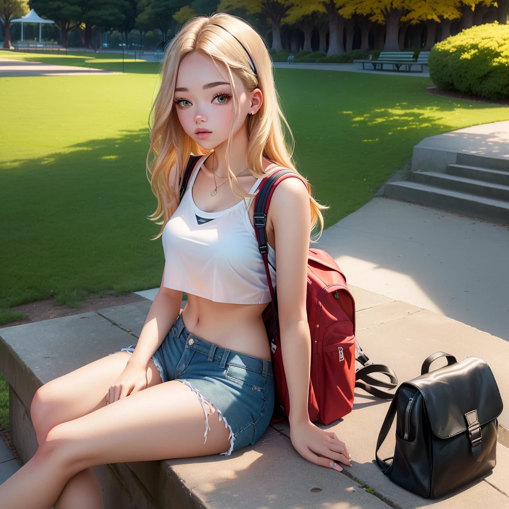araffed woman sitting on a blanket in a park with a backpack, sydney sweeney, kailee mandel, at a park, dressed in a top and shorts, wearing a sexy cropped top, wearing a cute top, at the park, beautiful blonde girl, sitting on a park bench, viktoria gavrilenko, in the park, 2 4 year old female model