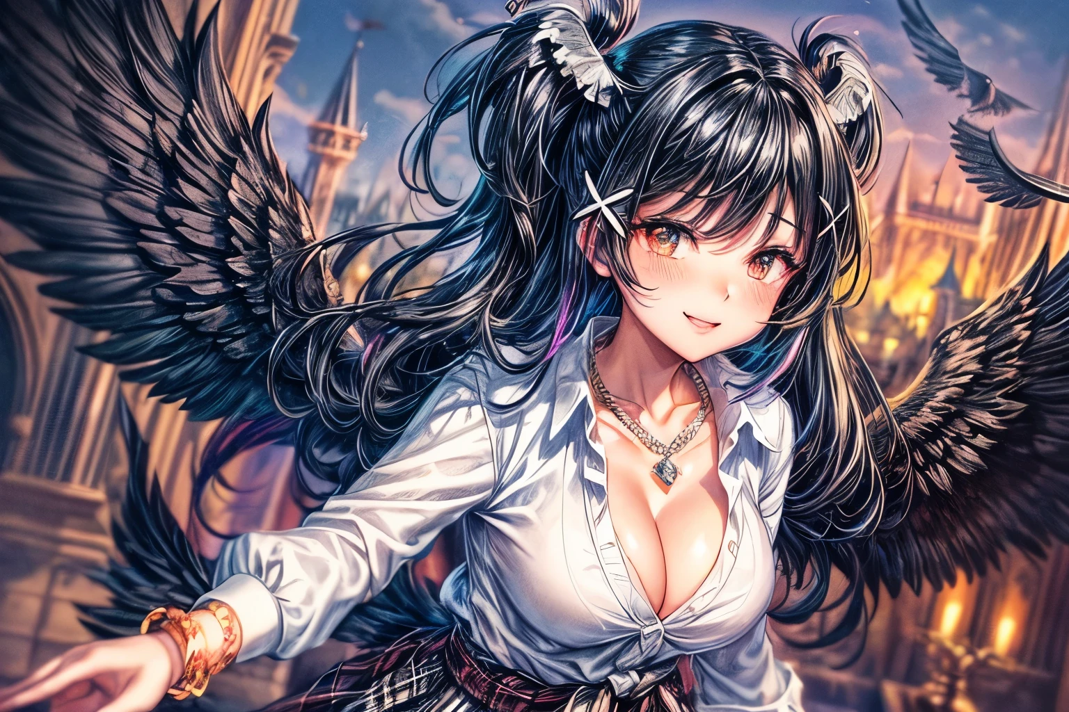 ((worst quality, low-quality)), anime, (face focus, close up,):1.3),(black hair girl:1.2), plump shiny lips, (A condescending cold red:1.2), (The best smile), Spoken Heart, Leaning forward, (Dynamic Pose:1.2), (White shirt:1.3), (Wrap a beige cardigan around your waist:1.3), ((, Unbuttoned):1.2), (Plaid pleated skirt:1.2), ((Necklace,Colorful bracelets,X Hair Ornament):1.2), (fallen angel's black wings:1.4), (Dark decorated cinderella castle background),