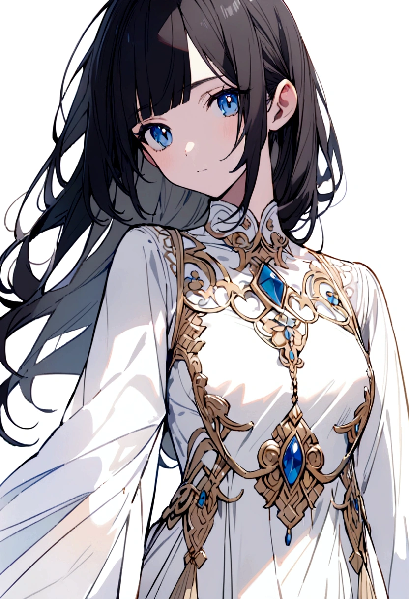 I want a 2D girl with long loose hair and black bangs, Blue eyes looking to the left side face facing camera forward white background wearing a white blouse alert 
