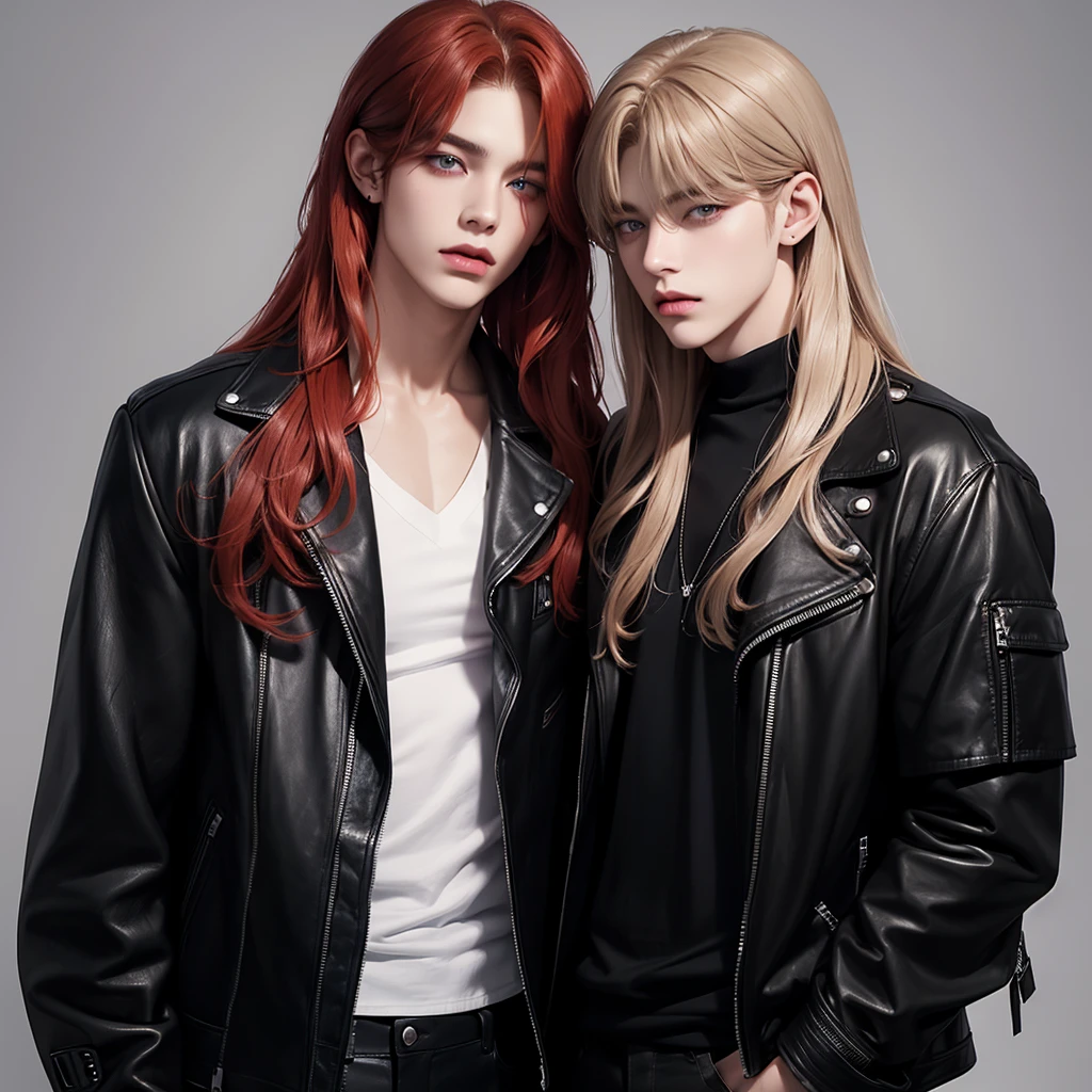 a taller redhead with long straight hair with red eyes dressed in black and another shorter blonde with long curly hair with gray eyes wearing a leather jacket both with kimtaehyung bts faces, taehyung idol, tae bts, Taekook, ((tae bts)) and a neutral background ((realist)) ((defined)) ((Perfect eyes))