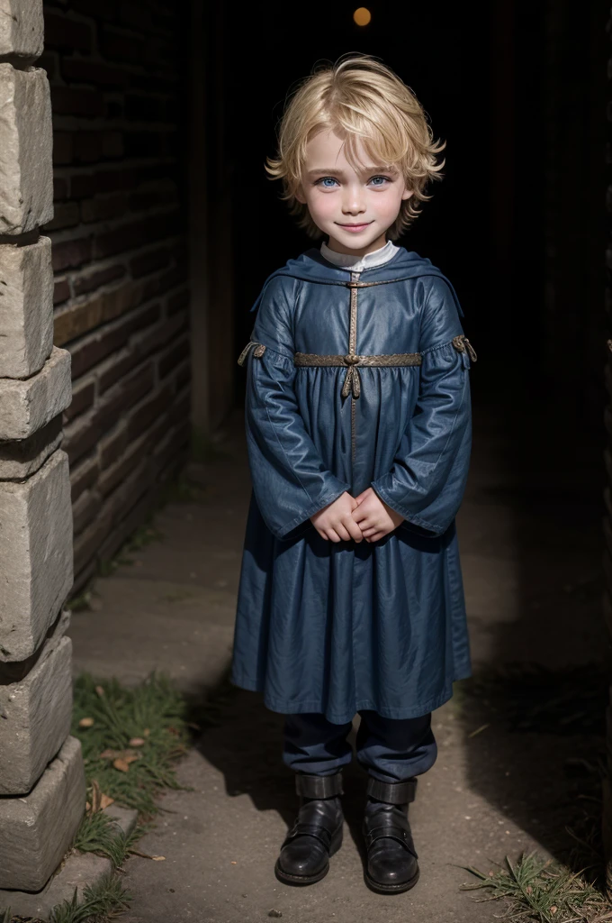 , medieval ages, medieval noble clothing, cute, blonde hair, blue eyes, alone, in the shadows, nighttime, hiding, smiling.