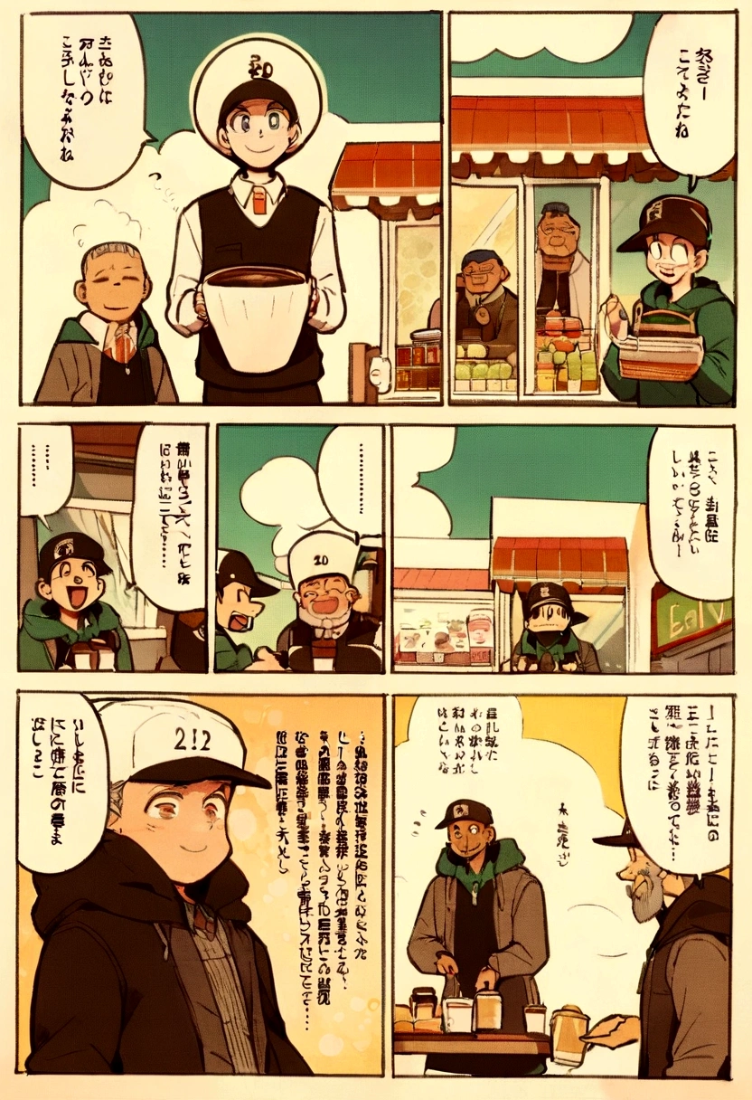 First page of a manga, Hooded boy talking to a coffee vendor, Bolhas de fala vazias, Anime style yallow and black manga, Boy with smile on face wearing cap, vendor in front of a diner delivering coffee, garoto e vendedor na rua vazia, bolhas de conversa, preto  manga