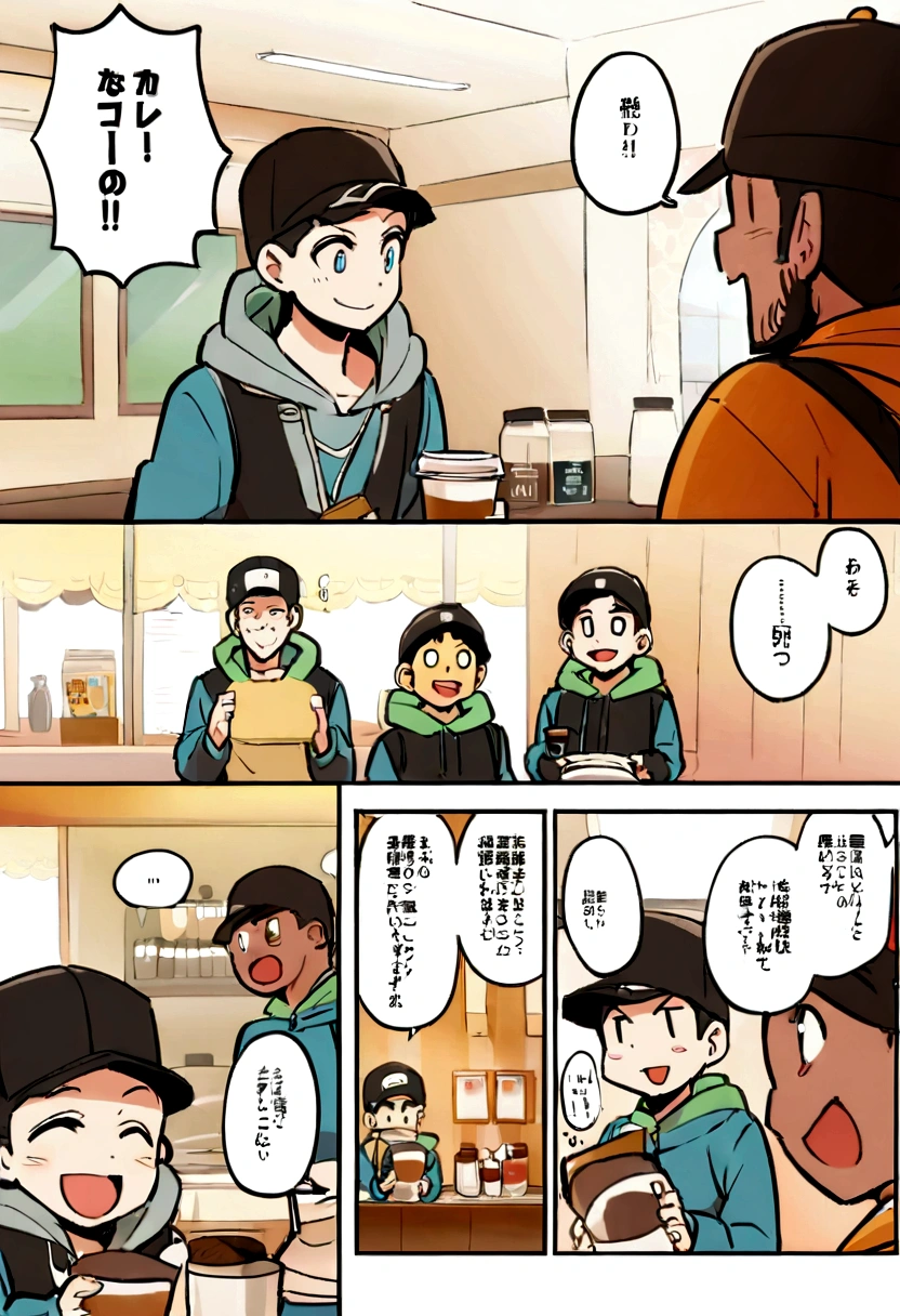 First page of a manga, Hooded boy talking to a coffee vendor, Bolhas de fala vazias, Anime style yallow and black manga, Boy with smile on face wearing cap, vendor in front of a diner delivering coffee, garoto e vendedor na rua vazia, bolhas de conversa, preto manga