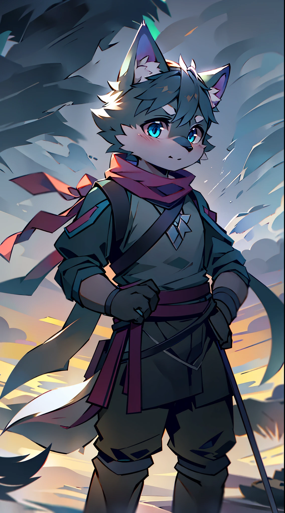 Wolf,juvenile,male,Gray-black fur,Sky blue eyes,Black combat uniform,scarf,Holding a long sword,scabbard,Draw the sword,permanent,The only one,dawn,illumination,Break,bust