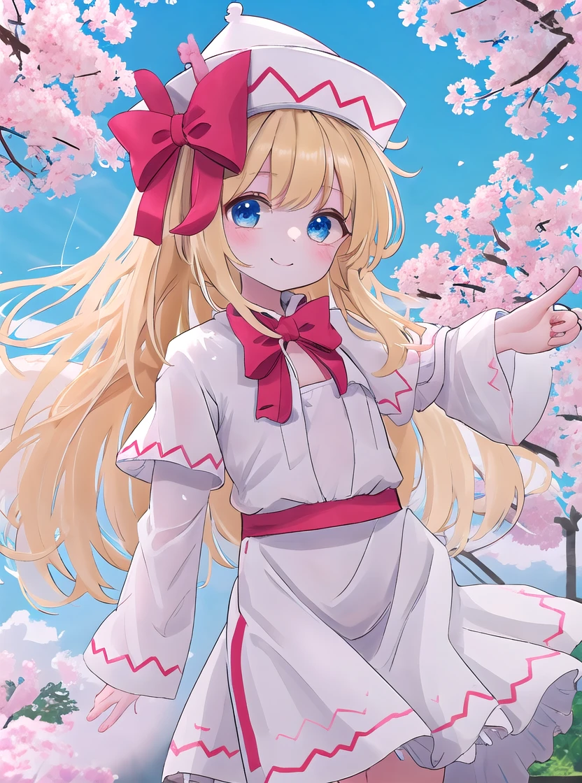 masterpiece, best quality,(ｄetailed finger 1:2,)lily white,touhou, long hair,blonde hair,white hat with red pattern,ｐerfect lighting,white dress,white sleeves,blue eyes,wings, standing,detailed clothing 1:2,cherry blossoms, blue sky,clear sky,spring \(season\),flat chest,looking at viewer,spread arms,A big smile,cowboy shot,fun,Hat ribbon