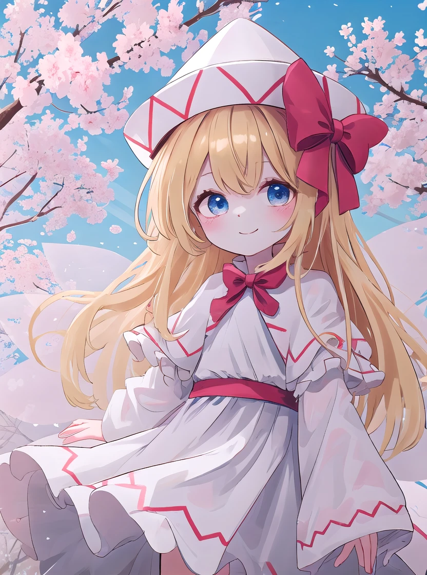 masterpiece, best quality,(ｄetailed finger 1:2,)lily white,touhou, long hair,blonde hair,white hat with red pattern,ｐerfect lighting,white dress,white sleeves,blue eyes,wings, standing,detailed clothing 1:2,cherry blossoms, blue sky,clear sky,spring \(season\),flat chest,looking at viewer,spread arms,A big smile,cowboy shot,fun,Hat ribbon