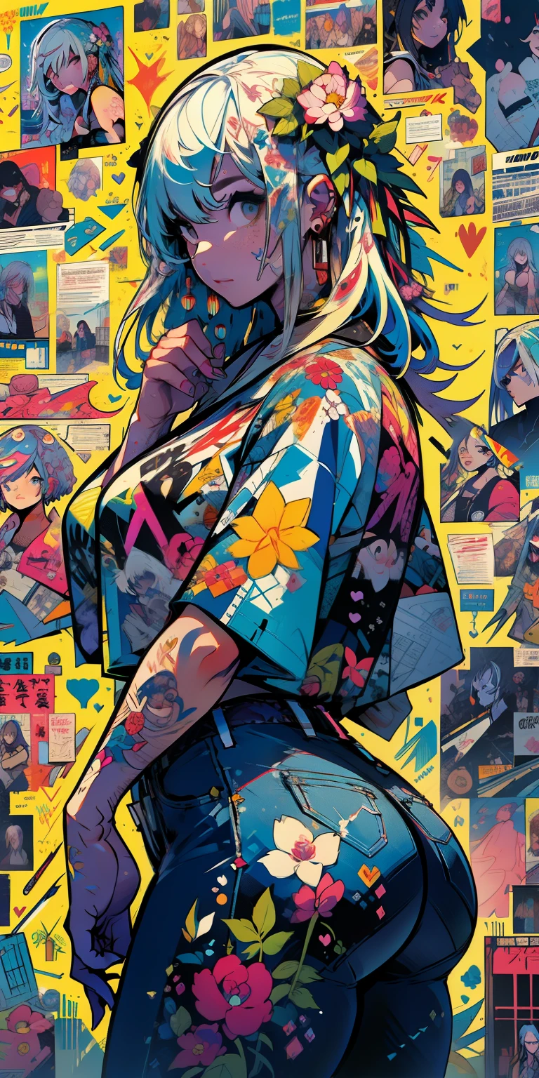 Background, mixed-language_SMS, Japanese letters in graffit, (beautiful and clear background:1.2),, fantastic paintings ,graffit style, olhos altamente detalhados , a white t-shir, cannabis print, Flowers, Peonies, Machi, marijuana tattoo, Loving, Eroquesis, bust, bikini of, steeply, stylishly, fashionably, ultra detailed hair, Masterpiece, Best Quality, hig quality, high-resolution, detail enhancement, ((most beautiful image in the world)), Masterpiece, Best Quality, hig quality, high-resolution, detail enhancement, ((most beautiful image ), light lavender hair, Mint hair, Shiny degraded hair, t-shirt stampa flores, wearing jeans,, art by stjepan sejic, art by j scott campbell, art by guillem march, art by citemer liu, 4k, High Resolution, comic book character, comic, high quality detailed, style of ::2.0 comix illustration style,tatoon style, hig quality, high-resolution, detail enhancement, 8K, HD, Best Quality, hig quality, high-resolution, detail enhancement, 8K, HDR, Sharp focus, Ultra Detailed, Perfect lighting, Curvy Body, Lush breasts, Curvy hips, Chic, big ass