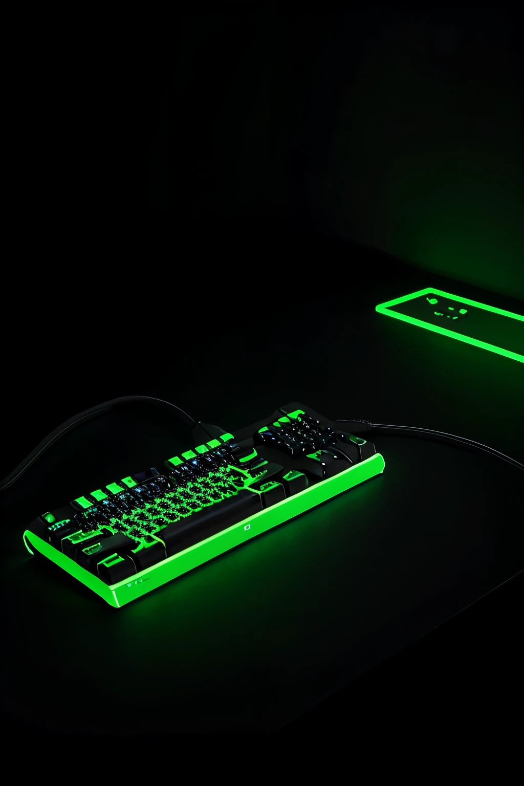 black background with barely visible light green neon keyboard, game joysticks and other elements of a computer game