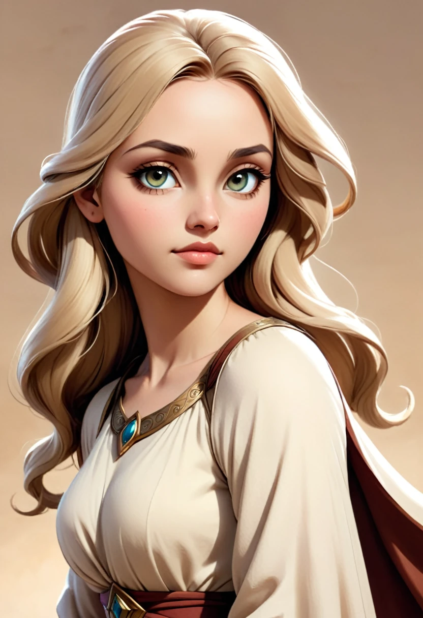 Simple medieval fantasy clothing, A 37-year-old woman with an endomorphic body and medium-toned skin stands before you. Her very long, sandy blonde hair flows simply down her back. She has a triangular face with slanted eyes, full lips, and medium, softly arched eyebrows. Her small, Greek-shaped nose and a subtle scar hint at a life rich with stories and experiences, giving her an appearance of quiet strength and grace.