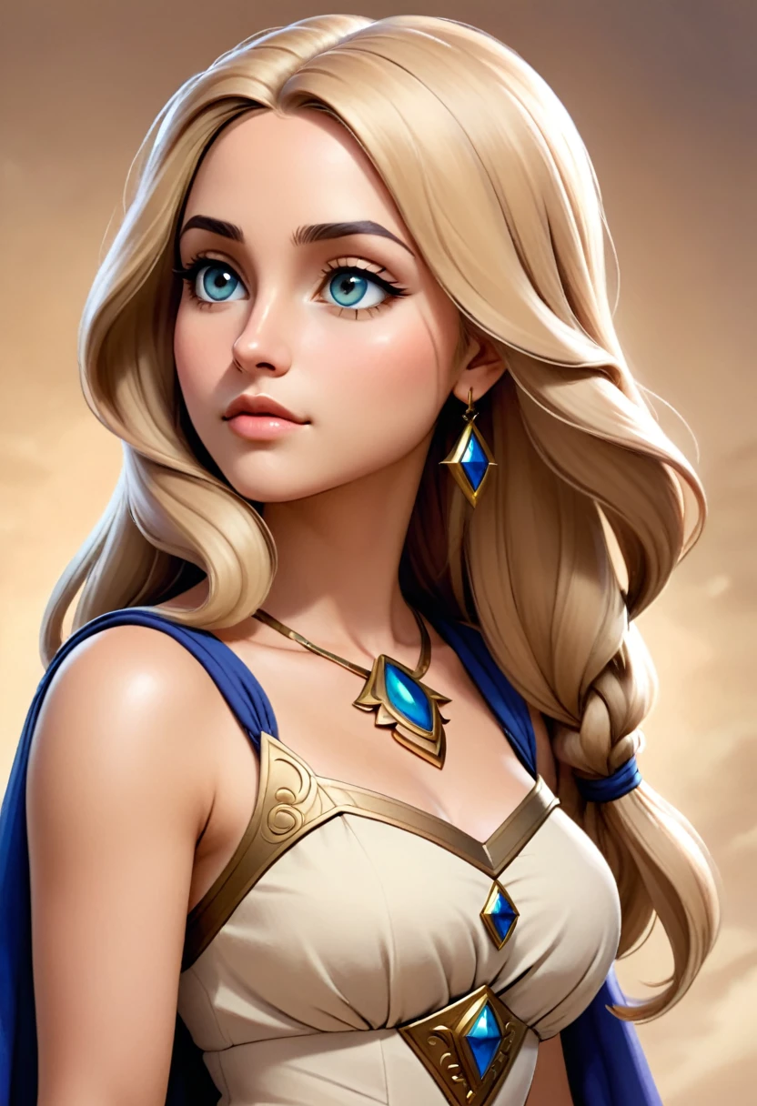 Simple medieval fantasy clothing, A 37-year-old woman with an endomorphic body and medium-toned skin stands before you. Her very long, sandy blonde hair flows simply down her back. She has a triangular face with slanted eyes, full lips, and medium, softly arched eyebrows. Her small, Greek-shaped nose and a subtle scar hint at a life rich with stories and experiences, giving her an appearance of quiet strength and grace.