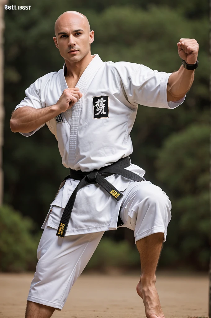 ((8k ((best quality)), ((masterpiece)), (very detailed), real face bald short male muscular male full body wear karate suit doing split