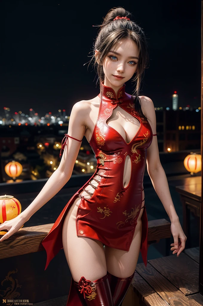 (RAW photo, best quality), Cute girl with short black hair, (ponytail), (city roof at night background), low light , dark eyeliner, happy smile, gorgeous face , super cute, 18 years old , young looking, hyper detailed face, dark eyeliner, (medium breast), (thin waist, super slender), (bare shoulders, (exposed hips), skintight and red PVC qipao china dress with yellow dragon decoration and vivid patterns, deep black leather thigh high boots, red PVC arm sleeves with yellow flower decorations and vivid patterns, cleavage, ((both hands on waist)), one leg in front of the other, (((very extremely small small navel exposure)))