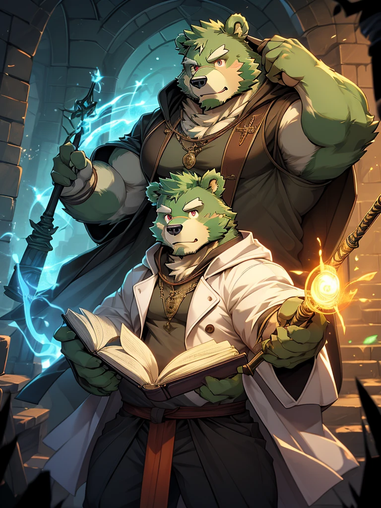 masterpiece, high quality, anime, detailed eyes, male jinpei, anthro, bear, Great physique, strong arms manly, Casual suit, (((green bear))), (((green fur))), green hair, beard, white eyebrows, bald, detailed red eyes, tall, Joyful, (black t-shirt inside), (((white unhooded trench coat ))), by zixiong, magic staff, dungeon, labyrinth, magic book and hold a magic staff, casting magic, action pose,