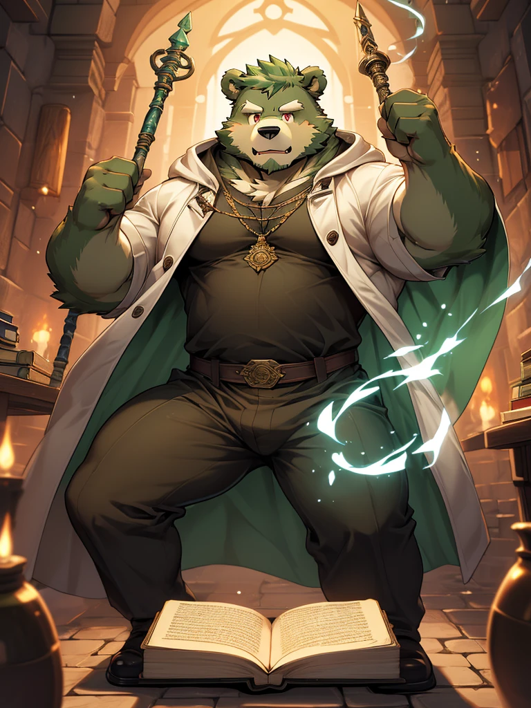masterpiece, high quality, anime, detailed eyes, male jinpei, anthro, bear, Great physique, strong arms manly, Casual suit, (((green bear))), (((green fur))), green hair, beard, white eyebrows, bald, detailed red eyes, tall, Joyful, (black t-shirt inside), (((white unhooded trench coat ))), by zixiong, magic staff, dungeon, labyrinth, magic book and hold a magic staff, casting magic, action pose,