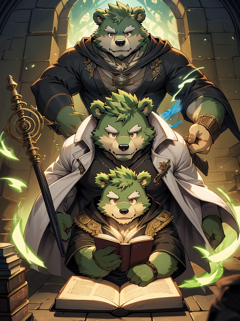 masterpiece, high quality, anime, detailed eyes, male jinpei, anthro, bear, Great physique, strong arms manly, Casual suit, (((green bear))), (((green fur))), green hair, beard, white eyebrows, bald, detailed red eyes, tall, Joyful, (black t-shirt inside), (((white unhooded trench coat ))), by zixiong, magic staff, dungeon, labyrinth, magic book and hold a magic staff, casting magic, action pose,